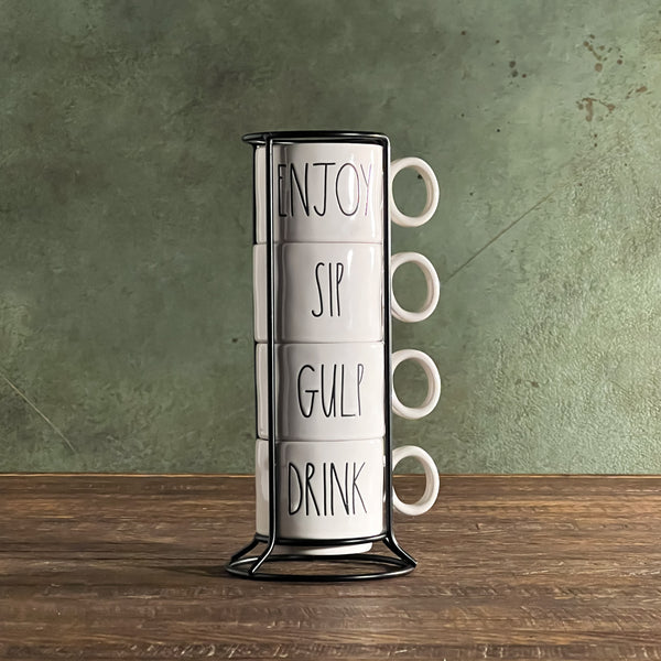 Rae Dunn Artisan Stacking Espresso Mug Set with Wire Rack California Englished