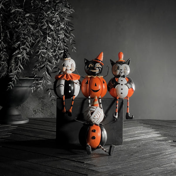 Pumpkin Body Shelf Sitter Set – Black Cat, Mummy, Bat, Skeleton