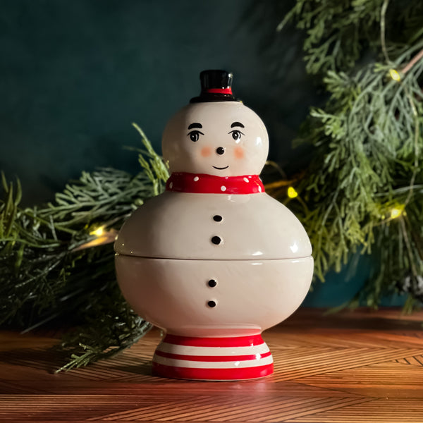 Johanna Parker Christmas Nostalgic Snowman Candy Dish Canister California Englished