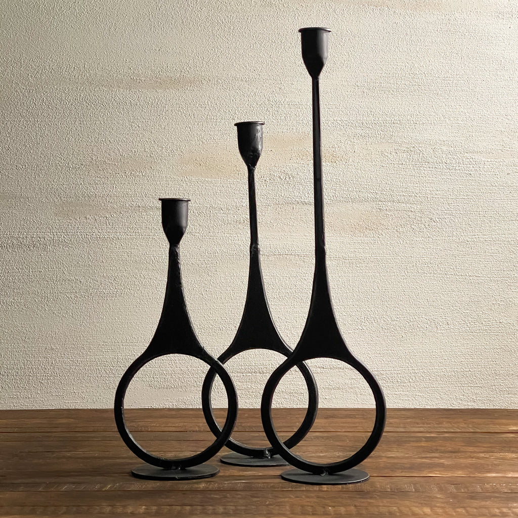 Black mod metal ring taper candle holder Bohemian vibe Hand Forged Mod Ring Cast Iron Taper Holders & Holistic Habitat Ashford taper candle holders featured on Fixer Upper