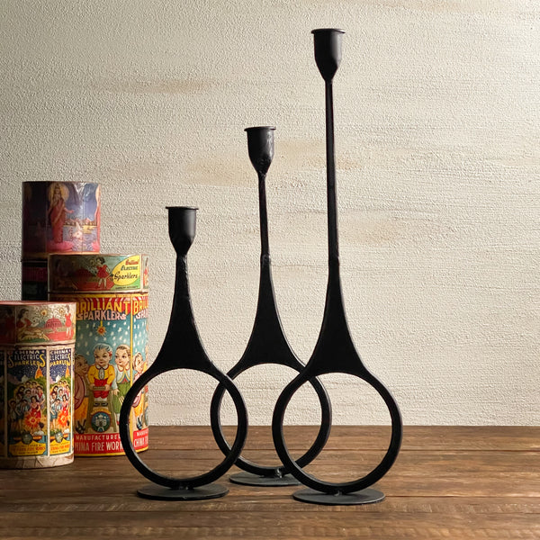 Black mod metal ring taper candle holder Bohemian vibe Hand Forged Mod Ring Cast Iron Taper Holders & Holistic Habitat Ashford taper candle holders featured on Fixer Upper