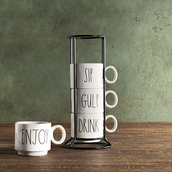 Rae Dunn Artisan Stacking Espresso Mug Set with Wire Rack California Englished