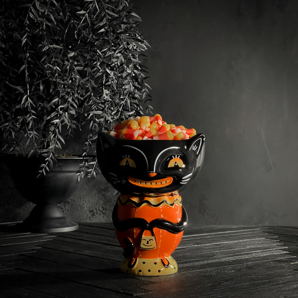 Johanna Parker Retro Kitsch Vintage Halloween Folk Art Black Cat Candy Bowl Buddy - Small California Englished